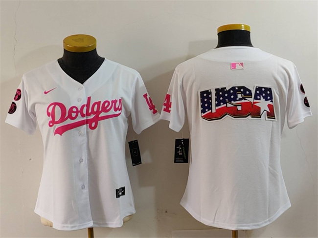 Women's Los Angeles Dodgers Team Big Logo White/Pink Vin & Kobe Patch Stitched Baseball Jersey(Run Small) Women's Los Angeles Dodgers Team Big Logo White/Pink Vin & Kobe Patch Stitched Baseball Jersey(Run Small)